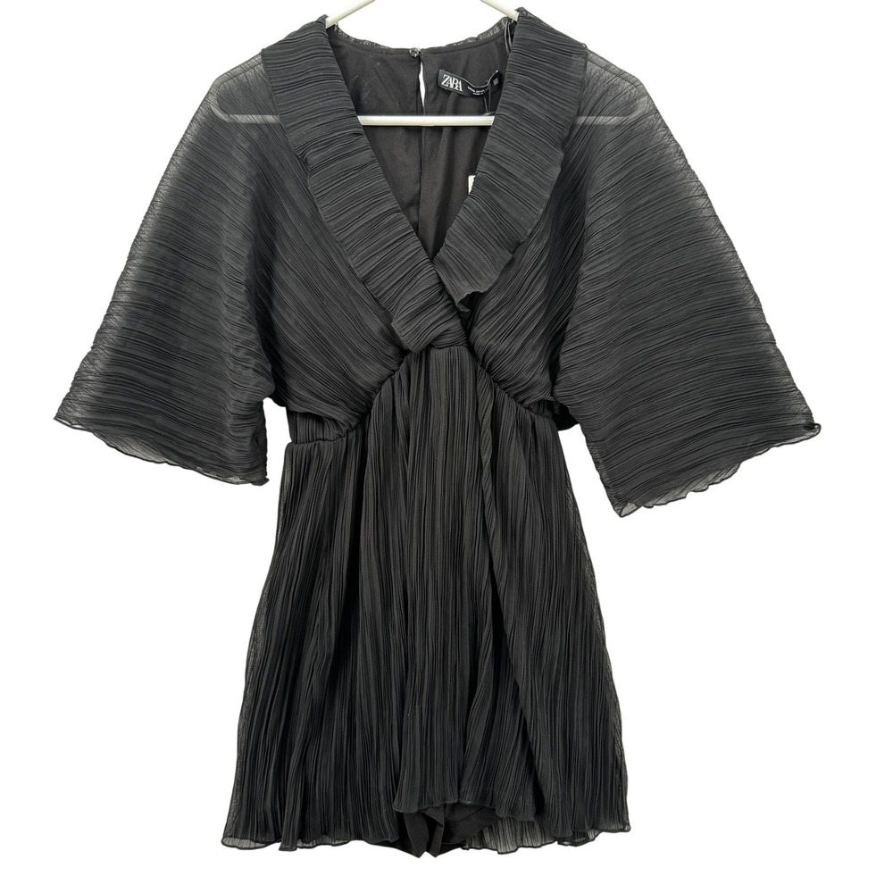 Zara Romper Womens XS Black Pleated Kimono Sleeve Sheer Playsuit 9878/078
